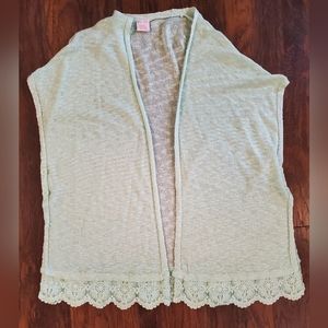 Sleep Sense Mint Green Open Front Knit Kimono w/Crochet Lace Hem Size L/XL